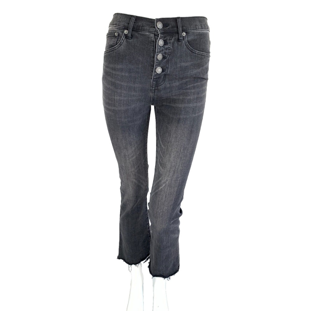 Madewell High Rise Button Fly Crop Flare Jeans Black Raw Hem Women's Size 27